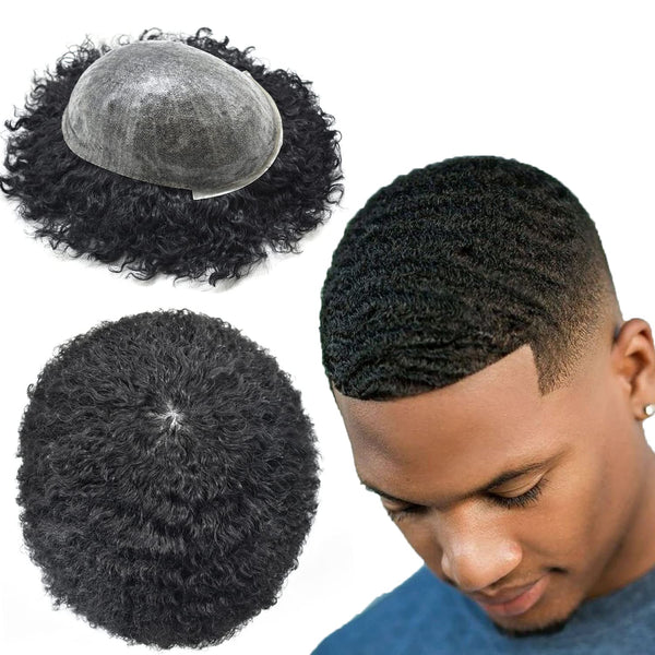 Brennas Hair Afro Curl Mens Toupee Full Poly Skin Skin PU Injection Human Hair Replacement Systems African American THIN SKIN Man Weave Hair Unit 8X10inch (8"X10", #1Jet Black-10mm Wave Curl)