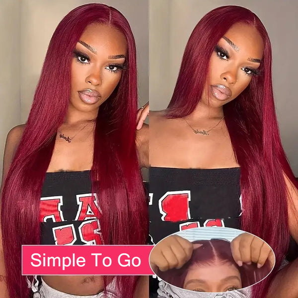 Brennas Glueless Wigs Human Hair Pre Plucked Pre Cut 99J Burgundy 7x5 HD Lace Closure Wigs  Wine Red Colored Straight Human Hair Lace Front Wig for Women 3 Seconds to Wear