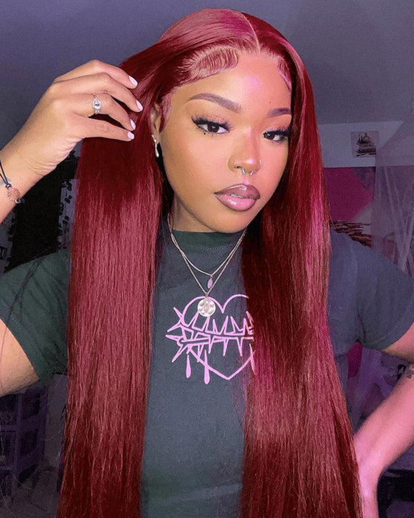 Brennas Hair 99j Straight 12A Upgraded Versatile 9X7 Easy To Go Glueless Wigs Human Hair Pre Plucked Pre Cut Transparent Lace Front Wigs 180% Density