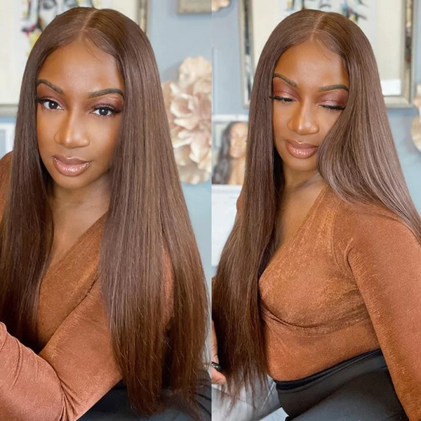 Brennas Hair Brown Straight 12A Upgraded Versatile 9X7 Easy To Go Glueless Wigs Human Hair Pre Plucked Pre Cut Transparent Lace Front Wigs 180% Density