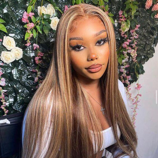 Brennas Hair Highlight Straight 12A Upgraded Versatile 9X7 Easy To Go Glueless Wigs Human Hair Pre Plucked Pre Cut Transparent Lace Front Wigs 180% Density