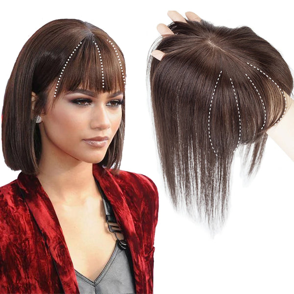 Brennas Hair Toppers For Women Straight Hair Extensions Clip In Human Hair Topper With Bangs Brown Silk Base Human Hair Topper