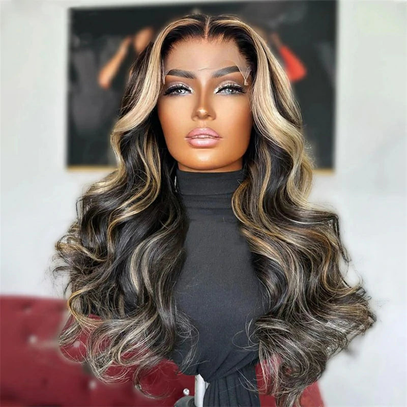 Brennas Hair Highlight Blonde with Black 13x4 Lace Frontal Body Wave Wig Brazilian Human Hair Wigs Pre Plucked 4x4 Lace Closure Wig for Women